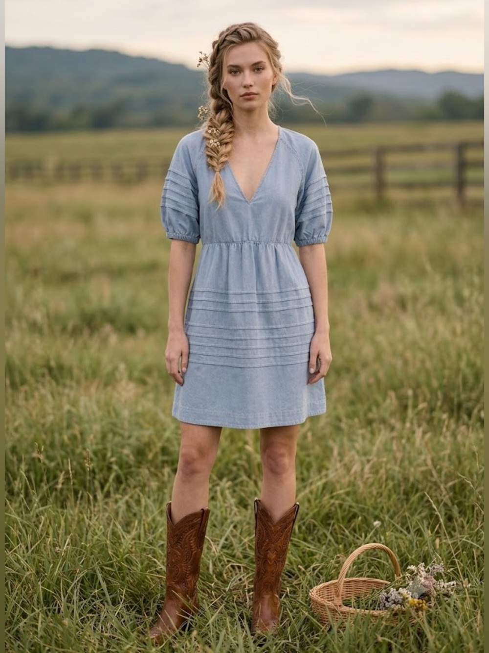 7 For All Mankind Chambray Babydoll Dress Puff Sleeve Bow Western Cottage Size L